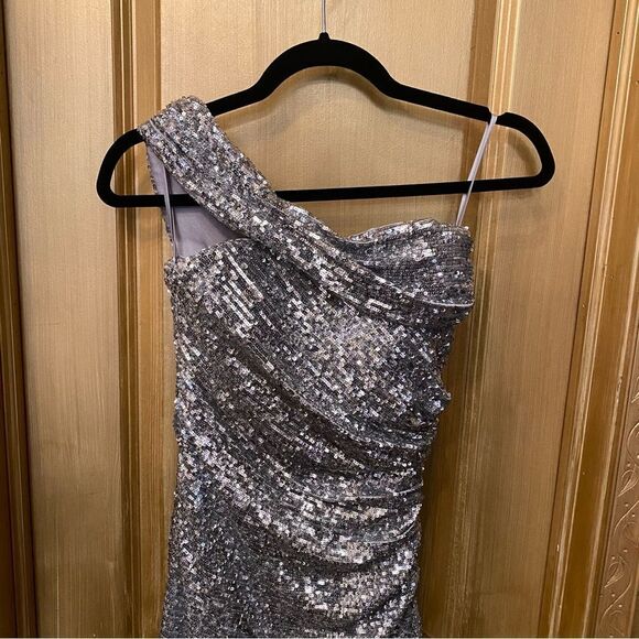 Jonathan Simkhai Zay Hammered Sequin Draped Bustier Midi Dress silver party FWRD - Picture 8 of 10